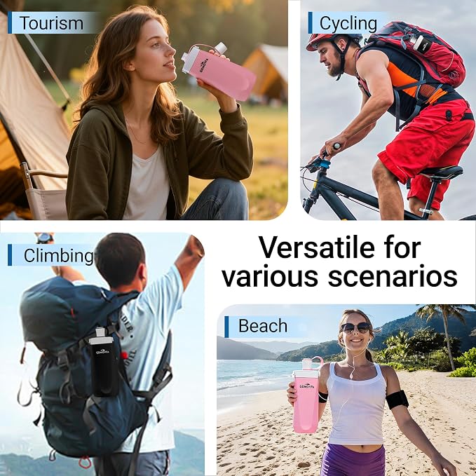 Collapsible Water Bottles,20oz Reusable Silicone Foldable Water Bottle,Portable Leak-proof Collapsible Water Bottle for Traveling Camping Hiking Cycling Yoga Sports Outdoor (Pink) - Image 5