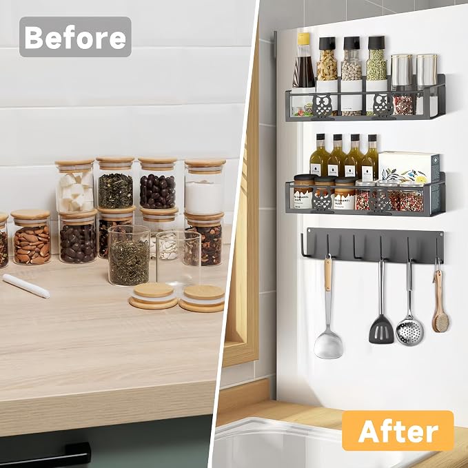Spice Rack Magnetic for Fridge,Magnetic Fridge Shelf,Spice Shelf,Condiment Organizer,Refrigerator Organizers and Storage with Magnetic Hooks,Owl Kitchen Decor(Gray) - Image 5