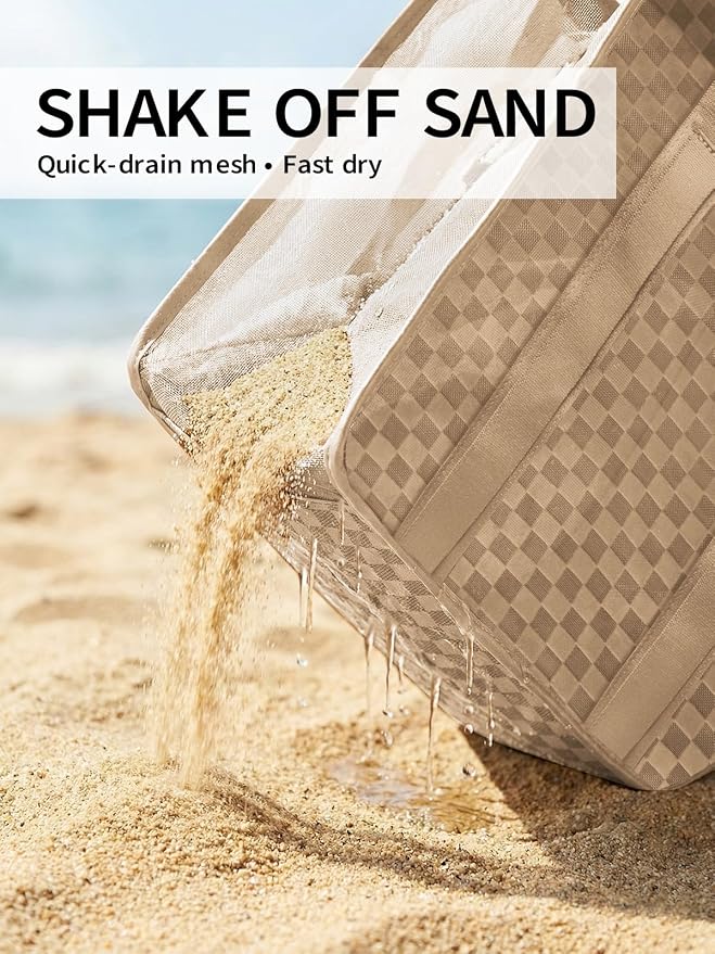 MOMINSIDE Reusable Grocery & Beach Bags for Women Mesh Beach Bag - Large Beach Tote Bag with Zipper, 2 Insulated Pocket, Hat & Towel Clips, Foldable Swim Pool bag for Toys, Towels & Vacation - Image 4