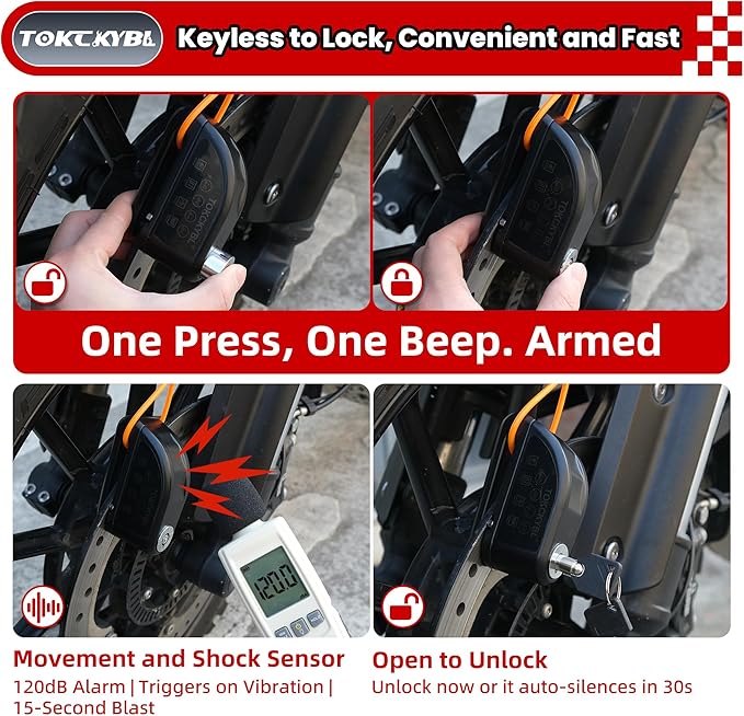 Rechargeable Motorcycle Disc Lock with 120dB Alarm | 5FT Reminder Cable with Anti-Theft Helmet Lock Cable, IP67 Waterproof, Universal Fit for Motorcycle Bike Scooter Ebike - Image 4