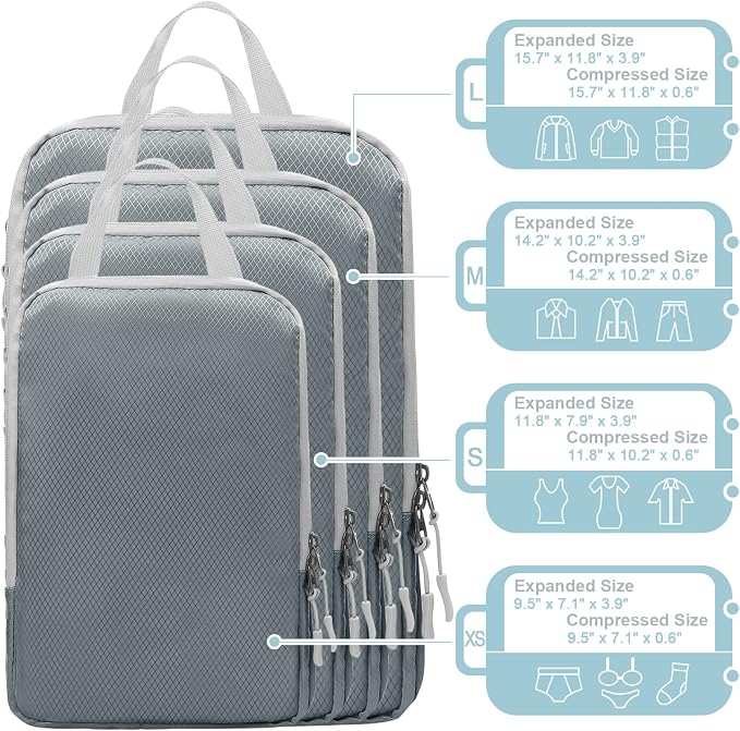 WOOMADA Compression Packing Cubes for Suitcases Travel Essentials 4 Set Expandable Travel Bags Organizer for Luggage(dark grey) - Image 3