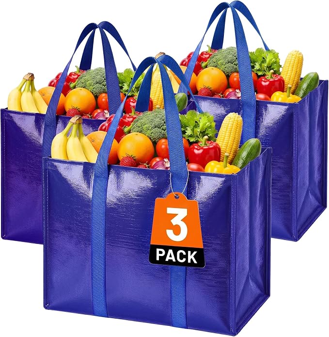Reusable Grocery Bags, Waterproof & Foldable Shopping Bags Stand Upright | Heavy Duty Shopping Tote Bags, Waterproof & Foldable with Long Handles for Bulk Shopping, Versatile Storage 3 Pack-42L by WiseLife