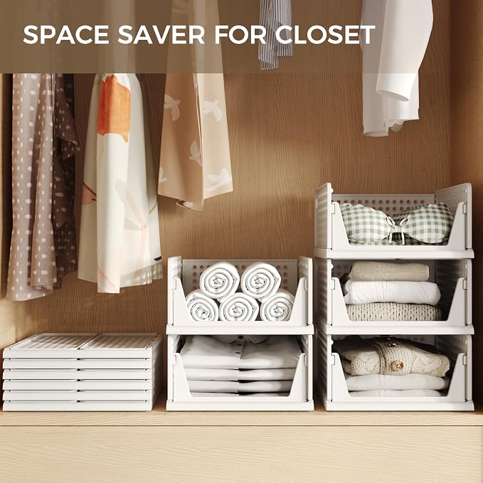 6 Pack Closet Organizer Storage Bins Stackable Plastic Drawer Shelf | Basket for Clothing Stackable Storage Bins Shelf Storage Container for Closet Wardrobe Bedroom Bathroom Office White Foldable - Image 3