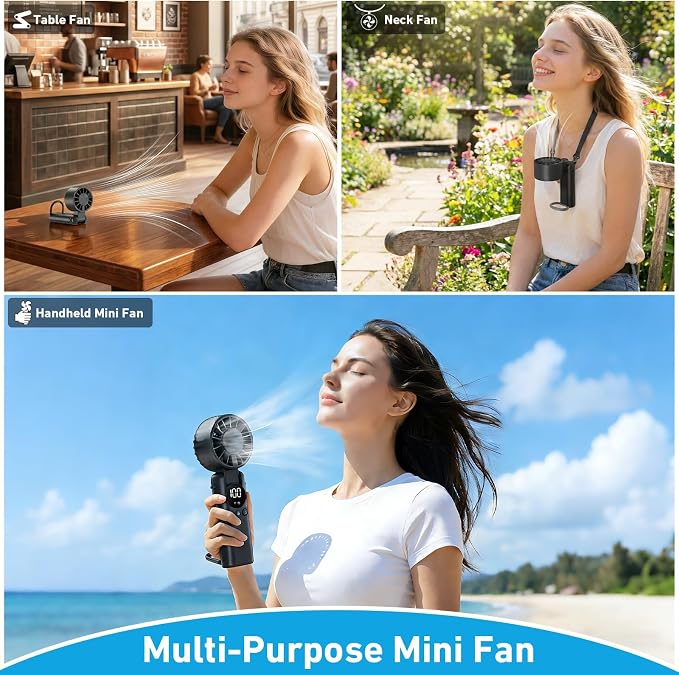 AILBTON Portable Handheld Fan, 5000mAh Rechargeable Mini Personal USB Fan with LED Display & Foldable Design, 199-Speed Powerful Battery Operated Travel Fan for Women, Outdoor, Office White - Image 3