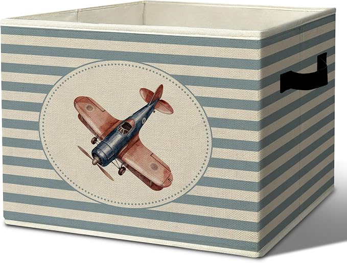 Rustic Airplane Storage Bins Boxes with Handles | toys books clothes, blue striped nursery foldable basket for organizing bedroom toddler room playroom by Unknown