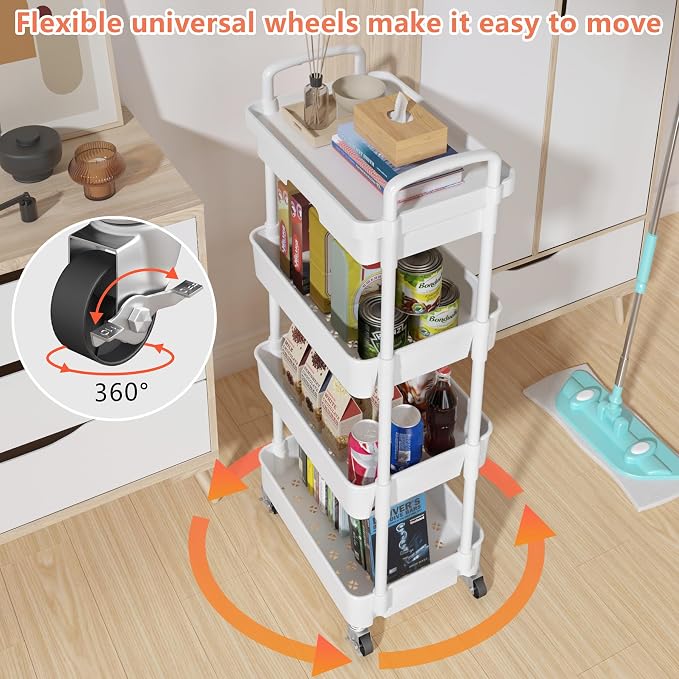 Calmootey 4-Tier Utility Cart with Drawer & Wheels, Storage for Home,Office | Space-Saving Organizer, Sturdy Plastic Shelves, Smooth-Rolling Metal Wheels, Built-in Drawer for Small Items, White - Image 8