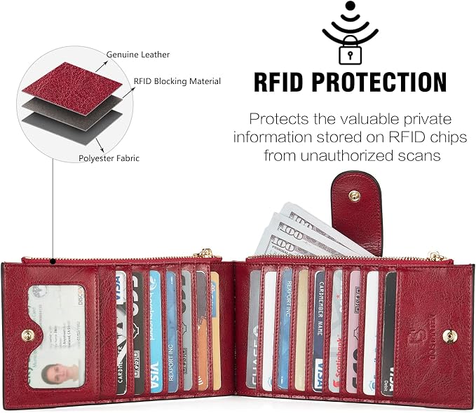 BOSTANTEN Leather Womens Wallet Large RFID Blocking Slim Card Holder | 16 Card Slots, 2 Zipper Pockets, Bifold, Long, Fits Most Purses, Organized Everyday Carry, Ladies Gifts, Wine-Red - Image 6