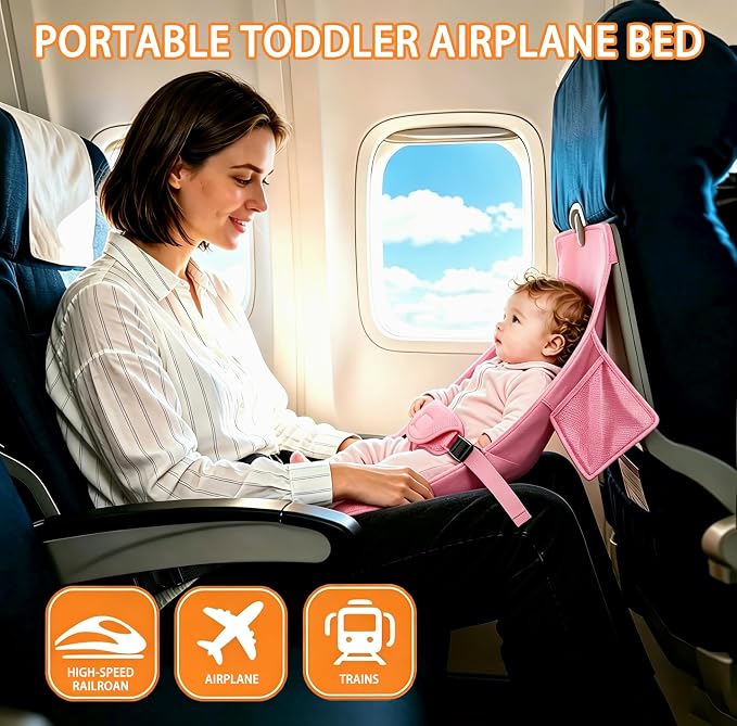 Toddler Airplane Bed, Pink, Baby Travel Essentials, 31 * 17Inch | Portable Seat Extender Travel Bed for Kids, Soft Baby Travel Essentials for Flying, Long Flight Must Haves Footrest - Image 3