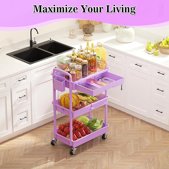 SUNALLY 3 Tier Rolling Cart with Drawer,Craft Storage Cart Organizer,Purple | Bathroom Storage Organizer with 2 Lockable Wheels, Rolling Utility Cart for Kitchen, Office, Baby, Makeup, Nail,Snack,Laundry - Image 2