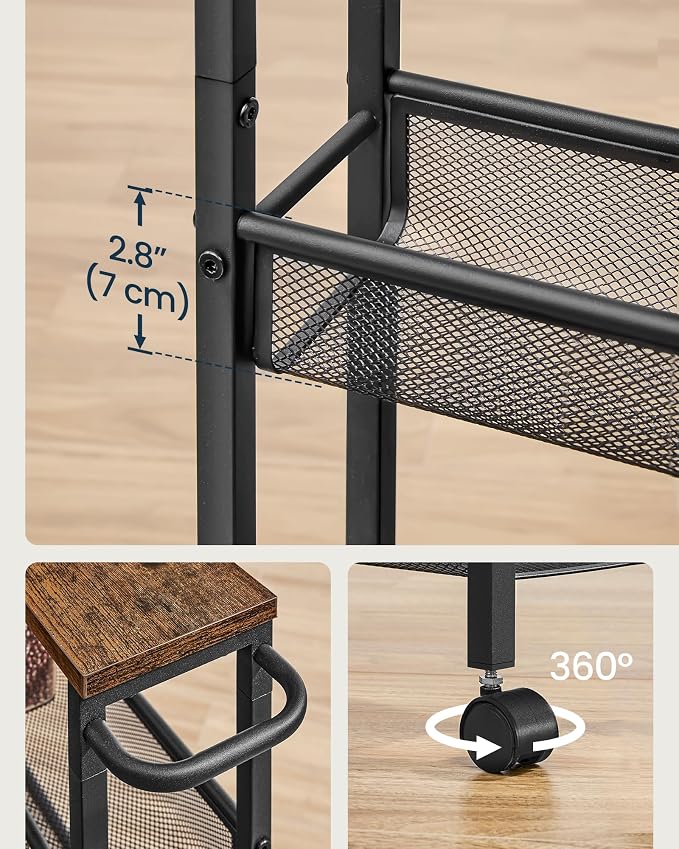 SONGMICS HOME Slim Rolling Cart, 5-Tier Storage Cart with Wheels and Handle, Narrow Utility Cart for Kitchen, Living Room, Brown and Black - Image 7