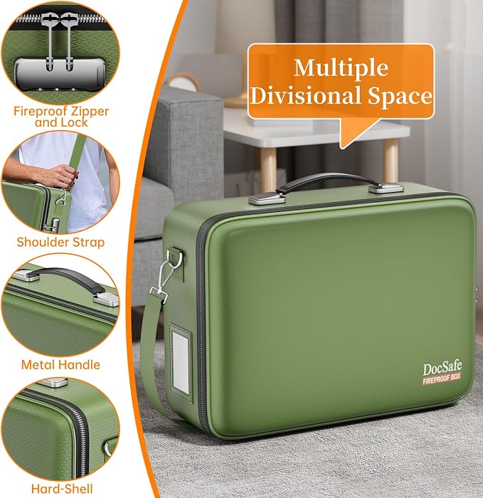 DocSafe Fireproof Document Box Hard Case with Lock ＆ Accordion File Folder | Fire and Water Resistant Safe Box,File Organizer,Multi-Pocket,Home Office Travel Storage for Important Document,Laptop,Green - Image 4