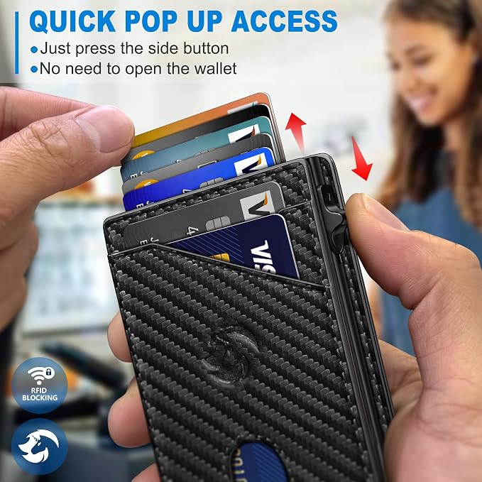 Wallet for Men, Slim Pop Up Card Holder with RFID Blocking, Minimalist Bifold Wallet with 9 Card Slots, ID Window and Cash Pocket, Metal Flip Case with Magnetic Closure, Gift Box - Image 5