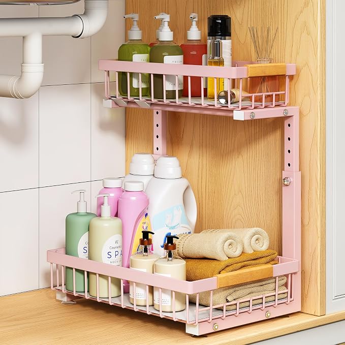 PXRACK Under Sink Organizer, Adjustable Height, 2 Tier Pull Out Under Cabinet Organizer, Slide Out Thickened Metal Under Sink Storage for Kitchen Bathroom Laundry Pantry Cabinet, Pink, Large-1-Pack by PXRACK