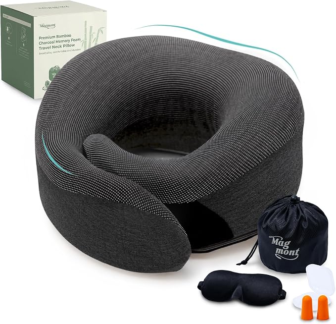 Travel Neck Pillow for Airplanes, Bamboo Charcoal Memory Foam | 360° Chin Support, Neck Pillow for Long Flights, Removable & Washable Cover, Travel Kit Included, 2 Color by Magmont