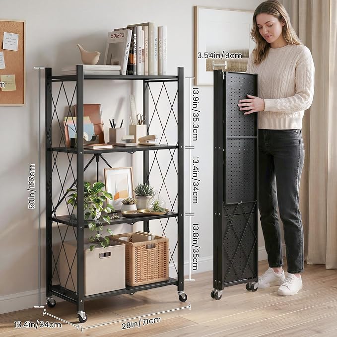 DEANIC 4 Tier Foldable Storage Shelves with Wheels, Large Capacity Shelving Unit, Freestanding Metal Wire Shelf Rack, No Assembly Organizer Rack for Garage Kitchen, Basement, Pantry(Black Pack of 2) - Image 3
