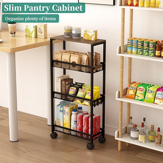 4-Tier Slim Utility Rolling Laundry Cart with Wheels, Easy to Assemble | 7.2" Wide for Narrow Spaces, Wood Top with Metal Frame, Mobile Storage Shelves for Bathroom, Kitchen, Office - Image 6