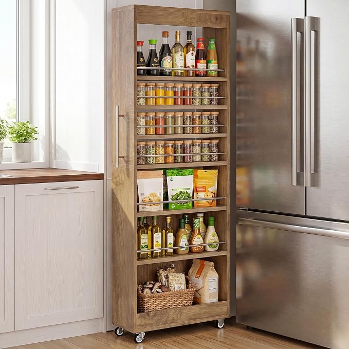 Tribesigns 73" Tall Slim Storage Cart on Rubber Wheels, 7-Tier Narrow Pantry Cabinet, Rolling Skinny Spice Rack Organizer Next to Fridge, Wooden Pull-Out Storage Shelf for Kitchen Small Spaces, Brown by Tribesigns