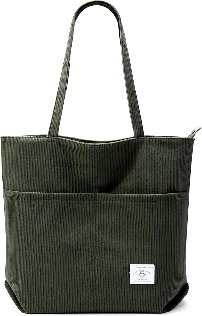 KALIDI Women Corduroy Tote Bag Zipper Casual Tote's Handbag Big Capacity Shoulder Bag with Pockets by KALIDIFANCYFOREST