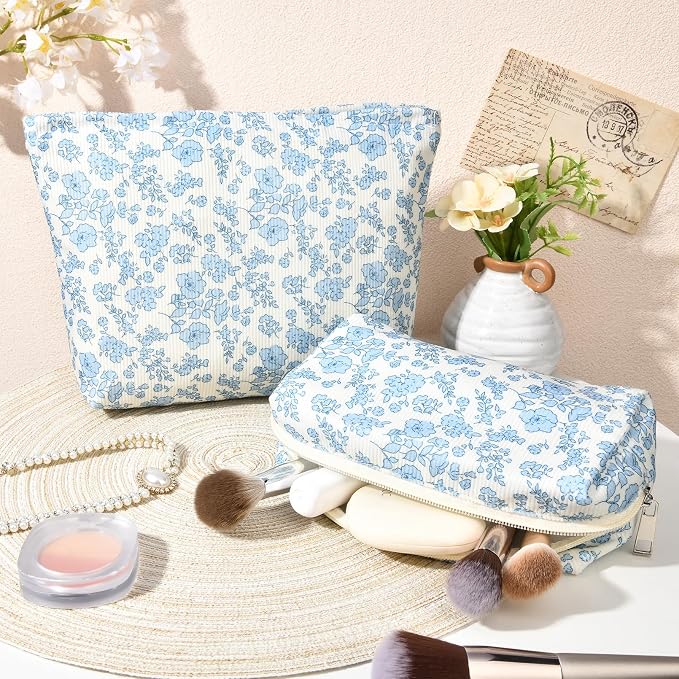 SOIDRAM 2 Pcs Makeup Bag Large Cosmetic Bag Toiletry Bag Makeup Pouch Travel Bag Organizer Cute Makeup Brushes Aesthetic Accessories Storage Bag for Women Blue Floral - Image 6