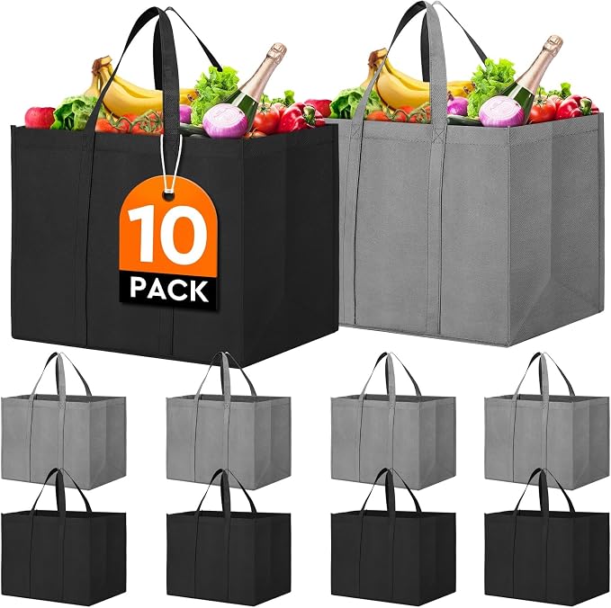 Reusable Grocery Shopping Bags 10 Pack Large Foldable Tote Bags Bulk | Eco Produce Bags with Long Handle for Shopping Groceries Clothes (Grey&Black) by WiseLife