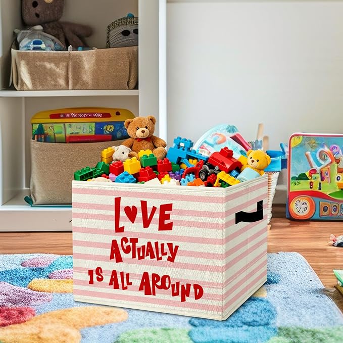Heartwarming Inspirational Storage Bins Box with Handles Organizer Basket | sweet uplifting foldable basket for organizing, pink striped collapsible toys clothes for playroom nursery bedroom, 10x14 in - Image 2