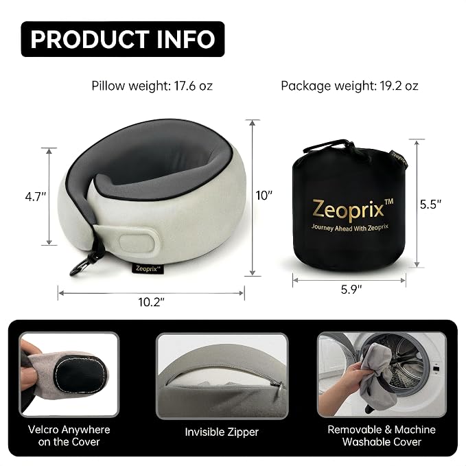 Memory Foam Wrap Around Travel Neck Pillow for Airplane, Light Grey | Travel pillow for airplanes with adjustable 360° neck support, breathable, washable cover, eye mask, earplugs & compact bag - Image 5