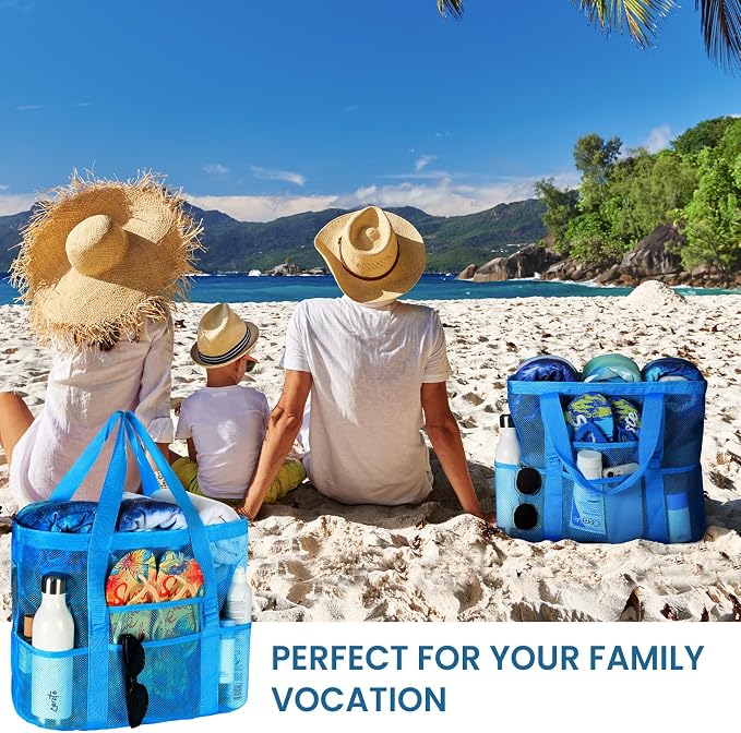 Tavaleu Mesh Beach Bag, Large Capacity Beach Tote, Multi Pockets, Sandproof | Mesh Material, Multiple Storage Pockets, Lightweight & Foldable Design, For Beach & Pool Use, Easy to Clean & Quick Dry - Image 7
