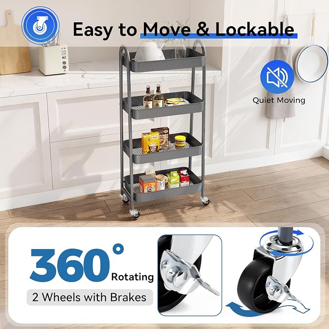 NEWBULIG 4-Tier Metal Rolling Storage Utility Cart with Lockable Wheels | Mobile Organizer Shelf, Space-Saving, Freestanding, Bathroom, Living Room, Slim, Narrow Corner Spaces, Grey - Image 3