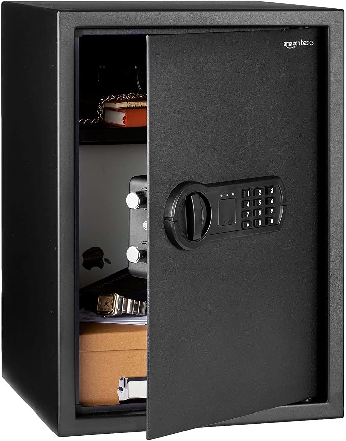Amazon Basics Steel Home Security Safe Box with Electronic Keypad Lock for Documents, Jewelry, Valuables, 1.8 Cubic Feet, Black, 13.8"W x 13"D x 19.7"H by AmazonBasics