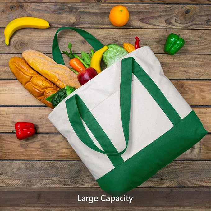 TOPDesign 6-Pack Canvas Tote Bags with an External Pocket, Reusable Grocery Shopping Bags, Top Zipper Closure, Daily Essentials (Green/Natural) - Image 4