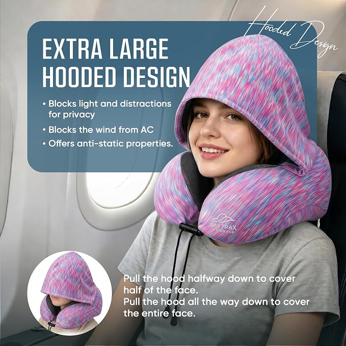 SkytraxComf® Travel Neck Pillow with Hood for Privacy on Long Flights | Memory Foam | Airplane Sleep | Safety-Tested Materials | Extra Large Hood | Chin Support | Earplugs | Washable Cover - Image 2