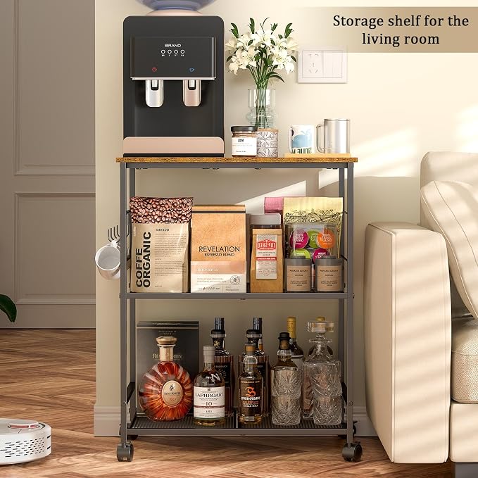 ThreeHio Rolling Kitchen Microwave Cart, 3 Tier Microwave Table Stand with Storage, Kitchen Utility Cart on Lockable Wheels, Small Coffee Cart Shelf Rack Organizer for Living Room Office, Balcony - Image 8