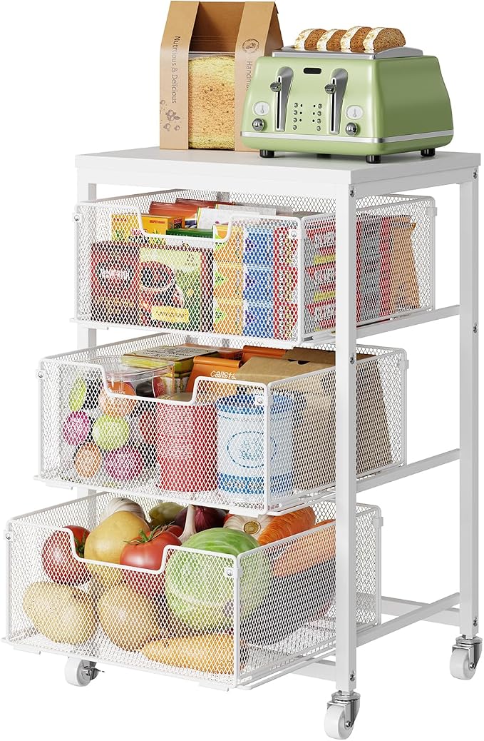 Kitchen Cart with Storage, 3-Tier Pantry Organizer and Storage Cart with Drawer, Fruit Vegetable Storage Cart with Wheels, Wooden Top Metal Wire Kitchen Organizer Rack Stand for Snack Onion Potato - Image 8