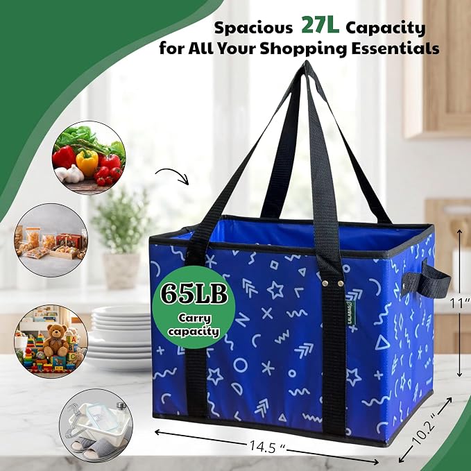 Reusable Grocery Bags (3 Pack) - Heavy Duty Foldable Tote Bags with Long Handles & Hard Bottom - Large Reusable Shopping Bags, Box-Shaped Grocery Totes Hold Up to 65 lbs, Stand Up & Fold Flat - Image 3