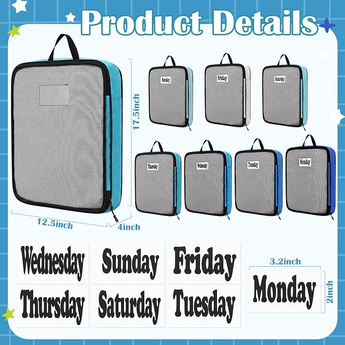 7 Pcs Packing Cubes for Travel Days of Week,Blue,Large - Image 2