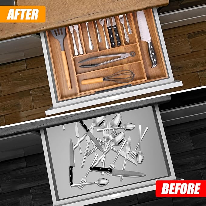 Bellsal Large Premium Acacia Wood Silverware Organizer - Expandable Utensil Drawer Organizer - 17"x19.6" Utensil Holder and Cutlery Tray with Grooved for Kitchen Flatware Utensils(7-9 Slot, Acacia) - Image 3