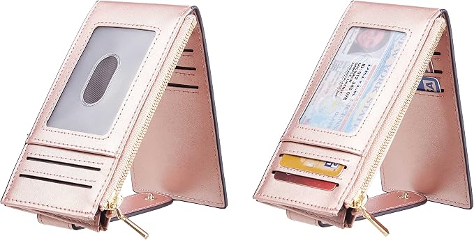 Chelmon Women's RFID Slim Card Holder Wallet | Thin Bifold Multi Card Case with Zipper Coin Pocket Purse for Women(Rose Gold CLassic) - Image 2