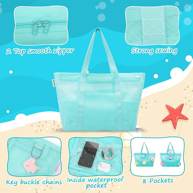 Tagitary Mesh Beach Bag with Zipper Large Beach Tote Waterproof Sandproof with 8 Pockets for Toys Pool Bag Beach Accessories - Image 4