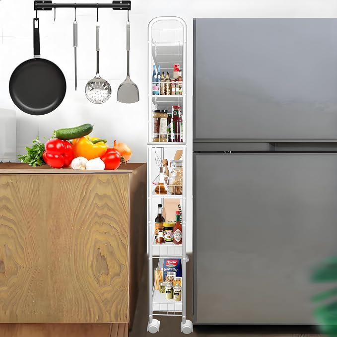 6in 6 Tier Slim Storage Cart with Wheels,Narrow Space Rolling Shelving Unit with Handle, Metal Wire Mobile Organizer Rack for Kitchen Bathroom Office Laundry - Image 2