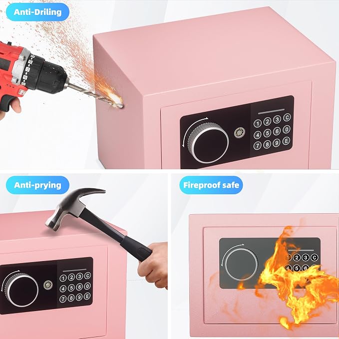 Digital Electronic Money Safe, Steel Security Lock Box with Keypad, Office Hotel Business Jewelry Gun Cash Safe, 0.23 Cubic Feet, 9.06" W x 6.69" D x 6.69" H（pink） - Image 6