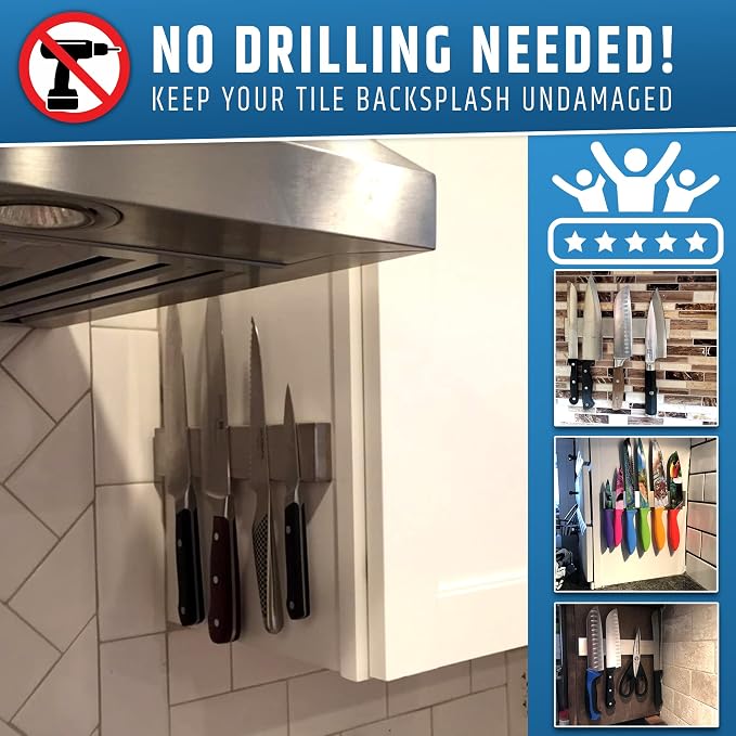 10" Strong Adhesive (No Drill) Magnetic Knife Holder for Wall - Professional Knife Strip - No Screws Needed - Adhesive Backing - Stainless Steel Bar (Upgraded Version – Will Not Fall) - Image 6