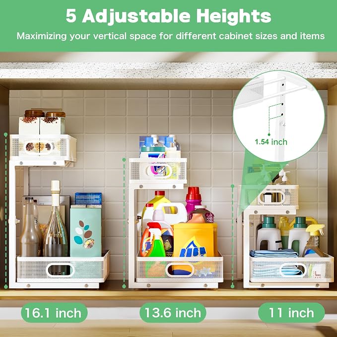 Under Sink Organizer, High Adjustable 2 Tier Under Sink Organizers and Storage, Slide out Metal Cabinet Organizers, Pull out Storage Drawer Shelf for Kitchen Bathroom Cabinet (White-1 pack) - Image 5