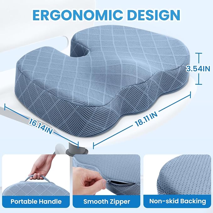 Memory Foam Office Chair Seat Cushion - Light Blue, X-Large | for Car Seat, Airplane, Desk Chair - Sciatica & Hip & Coccyx Pain Relief Cushion for Long Sitting Office Workers, Car Drivers - Image 2