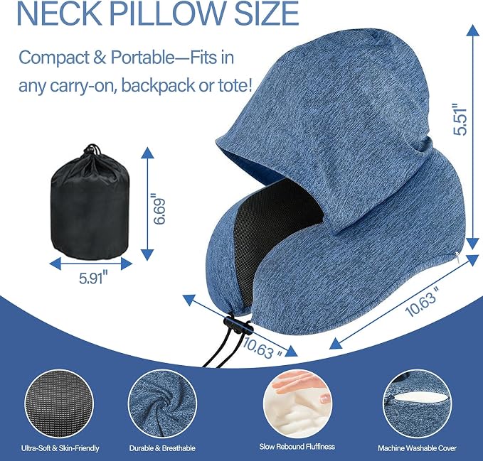 Travel Neck Pillow with Hood Memory Foam for Airplane | Ergonomic Neck Support,Adjustable Drawstring,Light Blocking Design,Removable Cover,Long Flight Comfort,Black - Image 2