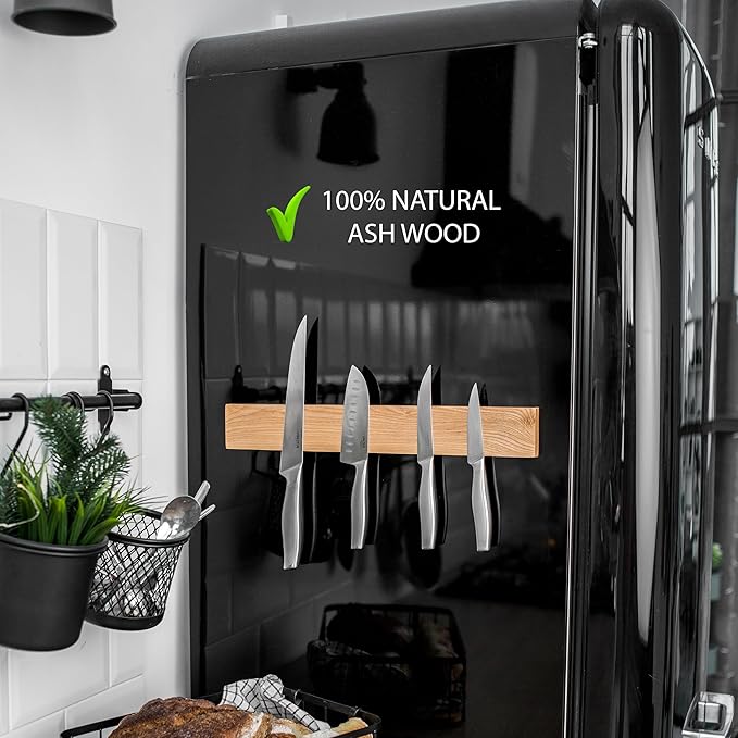 Premium Wood Magnetic Knife Holder for Refrigerator – 15 Inch Professional Double Sided Magnetic Knife Strip for Fridge - Ash Wooden Magnetic Knife Holder for Wall - Image 4