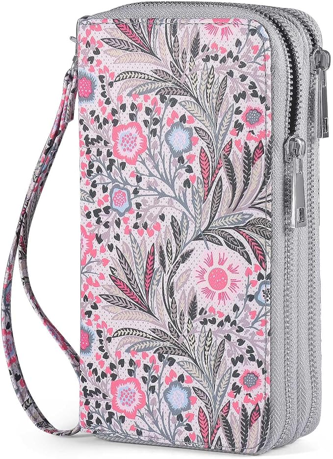 RFID Blocking Cellphone Wallet for Women with Wrist Strap, Double Zipper Travel Clutch Purse Large Capacity, Fissidens Flower by HAWEE