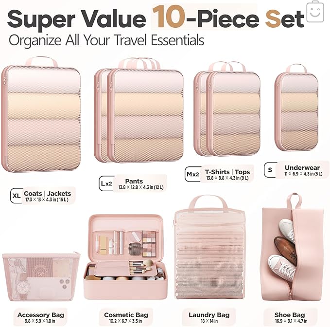 Veken 10 Set Compression Packing Cubes Garment Bags for Travel Essentials,Compressible Expandable Luggage Organizer Bags for Clothing,Space Saver Bags with Over 1000 pcs of Mesh Holes(Beige) - Image 2