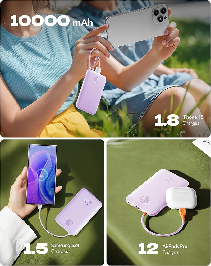 VIYISI 0.58” Slim Portable Charger Small 10000mAh with Built-in USB C Cable | 20W Compact Power Bank Fast Charging Battery Pack Stylish Travel Essential for iPhone 17 16 15 Samsung S25 A16 Android-Purple - Image 7