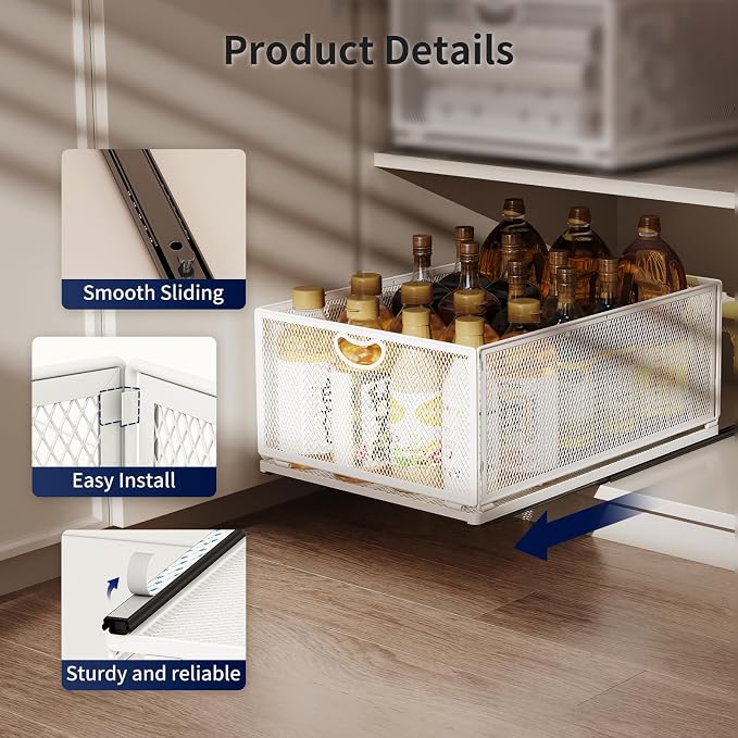 2 Pack Pull Out Cabinet Organizer, No Drill Adhesive Sliding Drawers for Kitchen, Metal Mesh Wire Storage Shelf for Pantry & Under Sink, White (9.6" W x 11.8" D x 8.4" H) - Image 5