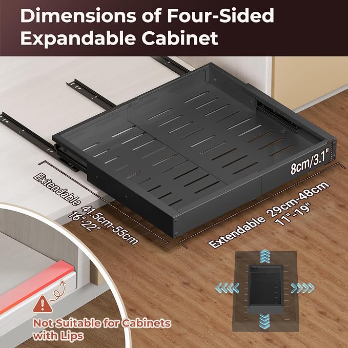 1 Pack Pull Out Drawers for Cabinets, Slide Out Drawer Expandable Width (12"-19") and Depth (17"-23") With 3 Slides, Fixed with Adhesive Film & Nail for Cabinets in Kitchen, Pantry or Bathroom - Black - Image 3
